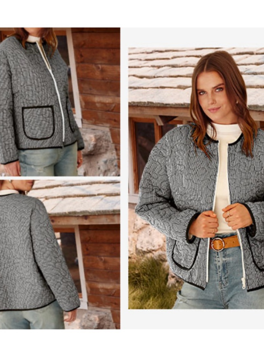 Yousify Womens Crew Neck Quilted Plaid Jacket Full Zipper Jacket Black Gingham S
